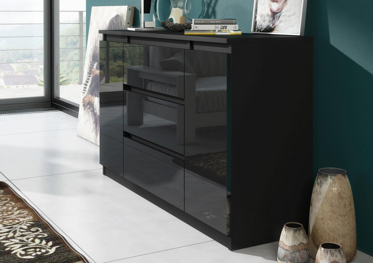 KOMMODE NUDO 120/78,5/39cm mit 3 Schubladen 2 Türen Schwarz - Schwarz Hochglanz/Schwarz, Holzwerkstoff (120/78.5/39cm) - MASSENO