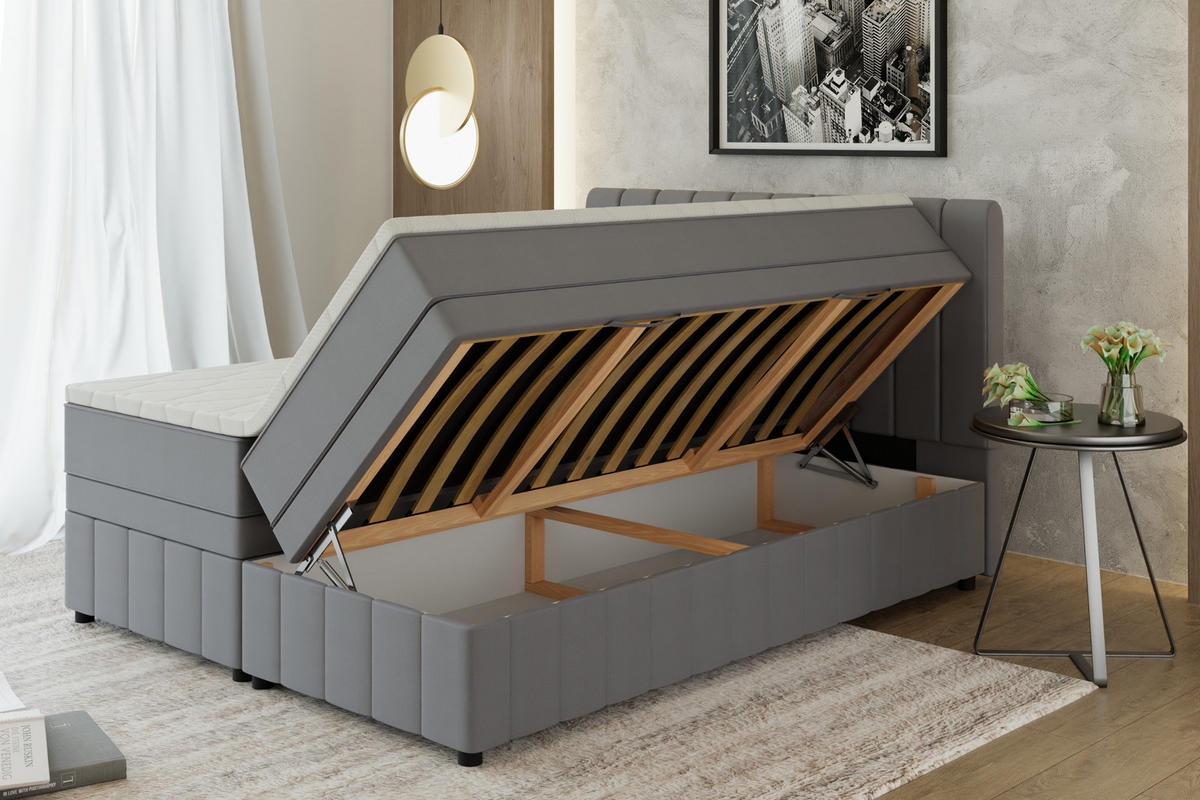 BOXBETT AVALON 160 x 200 cm mit Bettkasten und Topper - Dunkelgrau - Dunkelgrau, Holz - Panda Möbel
