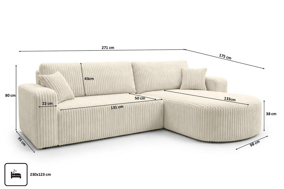 ECKSOFA Mit Schlaffunktion, Cordstoff Tilia, Ecru, Rechts, ROUND ONE XL - Ecru, Holz (271/175cm) - Kaiser Möbel