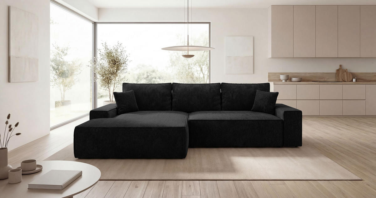 ECKSOFA VERONA links schwarz Cord Poso 135 - Schlaffunktion, Bettkasten - Schwarz, Textil (280/185cm) - Cornero