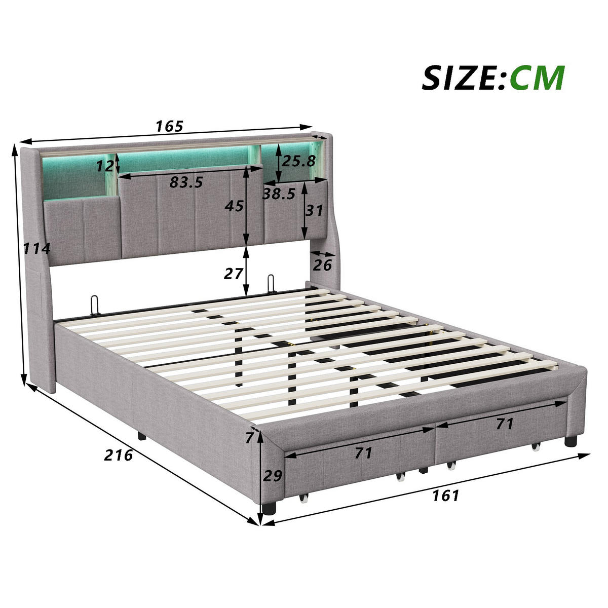 POLSTERBETT 160x2000 cm, Mit 2 Schubladen, LED-Beleuchtung, USB-Anschluss, Kopfteil mit Stauraum, Leinenstoff, Lattenrost - Grey - Grau, Holzwerkstoff (160/200cm) - Brevoria