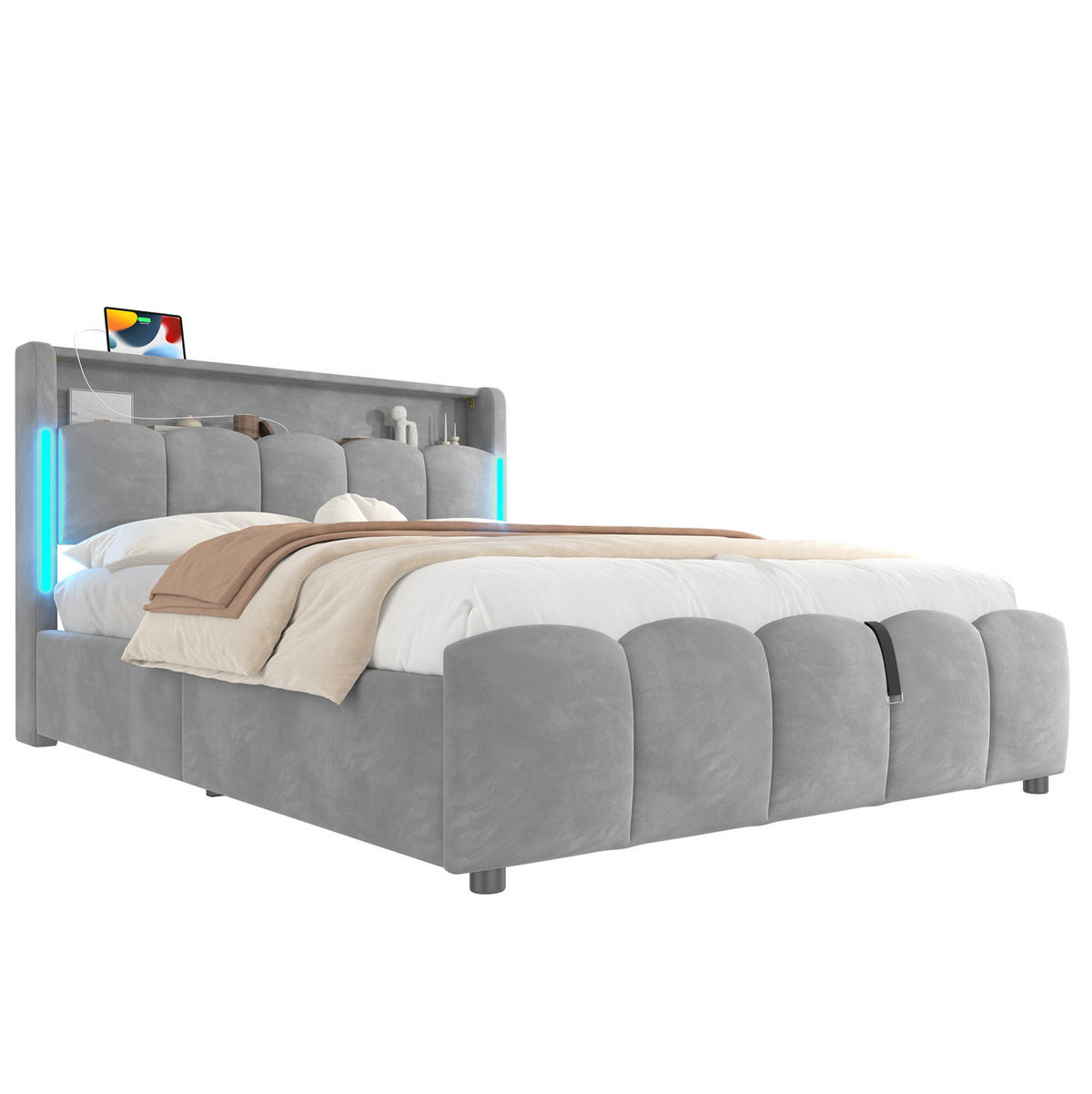 POLSTERBETT 140/200 cm Grau aus Samt mit Stauraum und LED-Beleuchtung - Grau, Textil (140/200cm) - Flora Grace