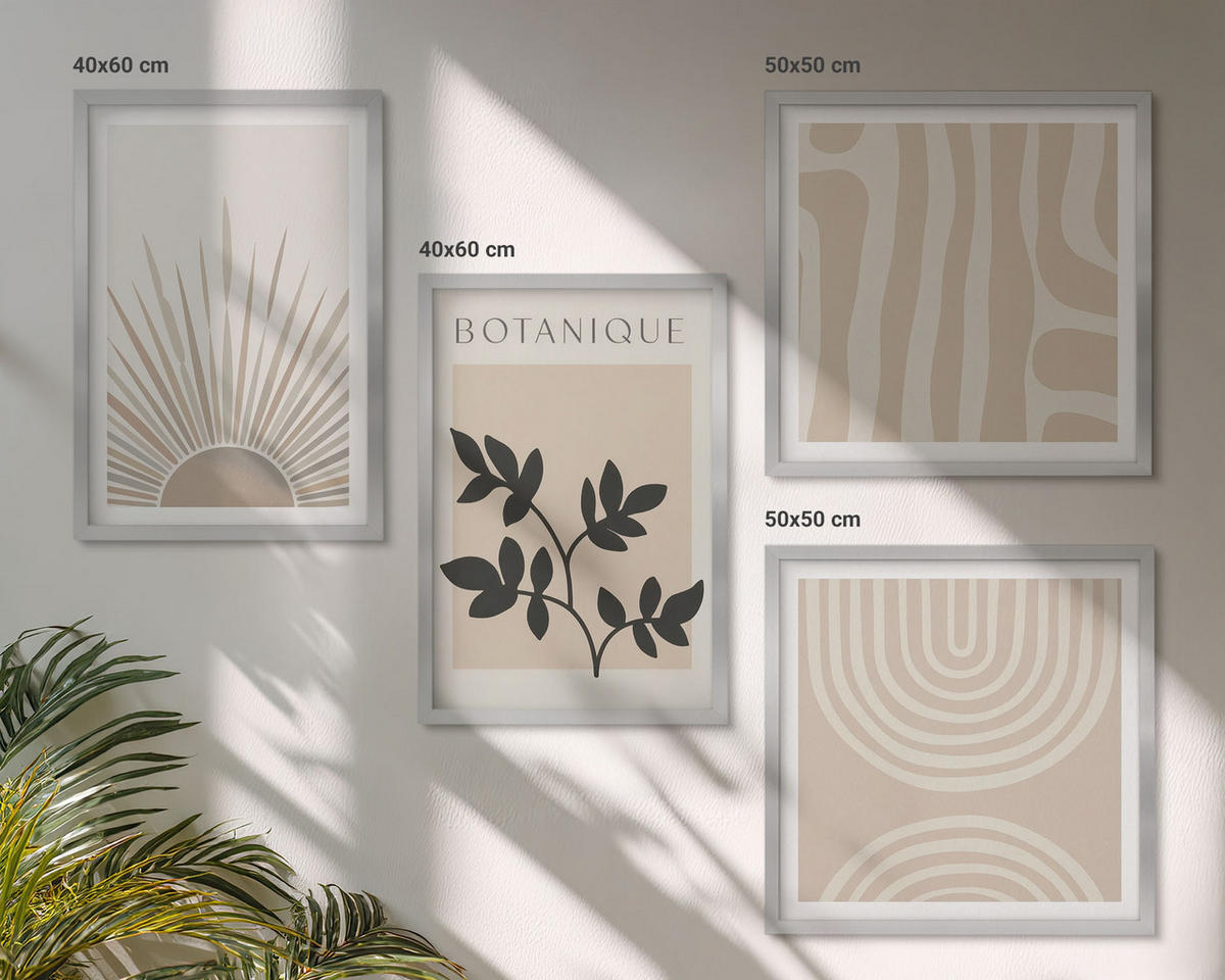 BILDER SET 4er Set - 50x50 cm & 40x60 cm Silberner Rahmen - Abstrakte Pflanzenmuster - Silberfarben, Kunststoff (50/50cm) - TULUP