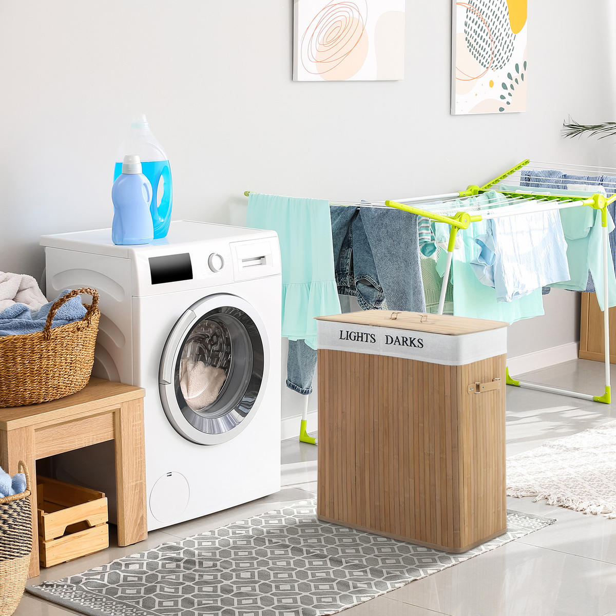 100L Wäschekorb Wäschebox Wäschesammler Wäschesortierer 2 x Fach Bambus - Naturfarben, Naturmaterialien (32/63/52cm) - HOMCOM