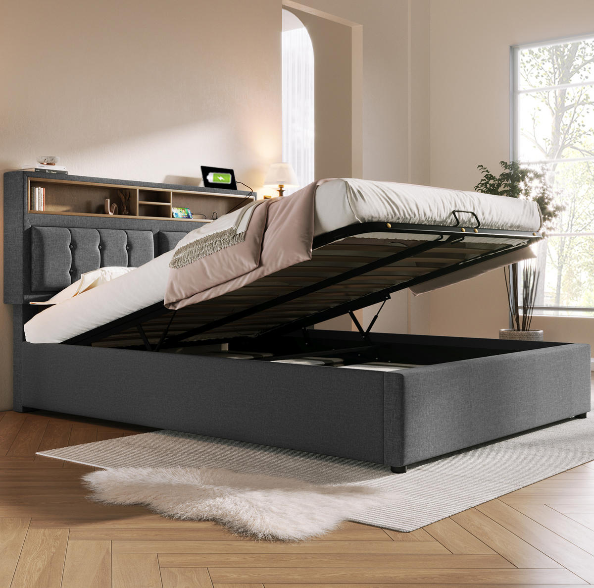 POLSTERBETT 160/200 cm Grau mit Stauraum, Matratze und USB- und Type-C-Anschlüssen - Grau, Textil (160/200cm) - Flora Grace