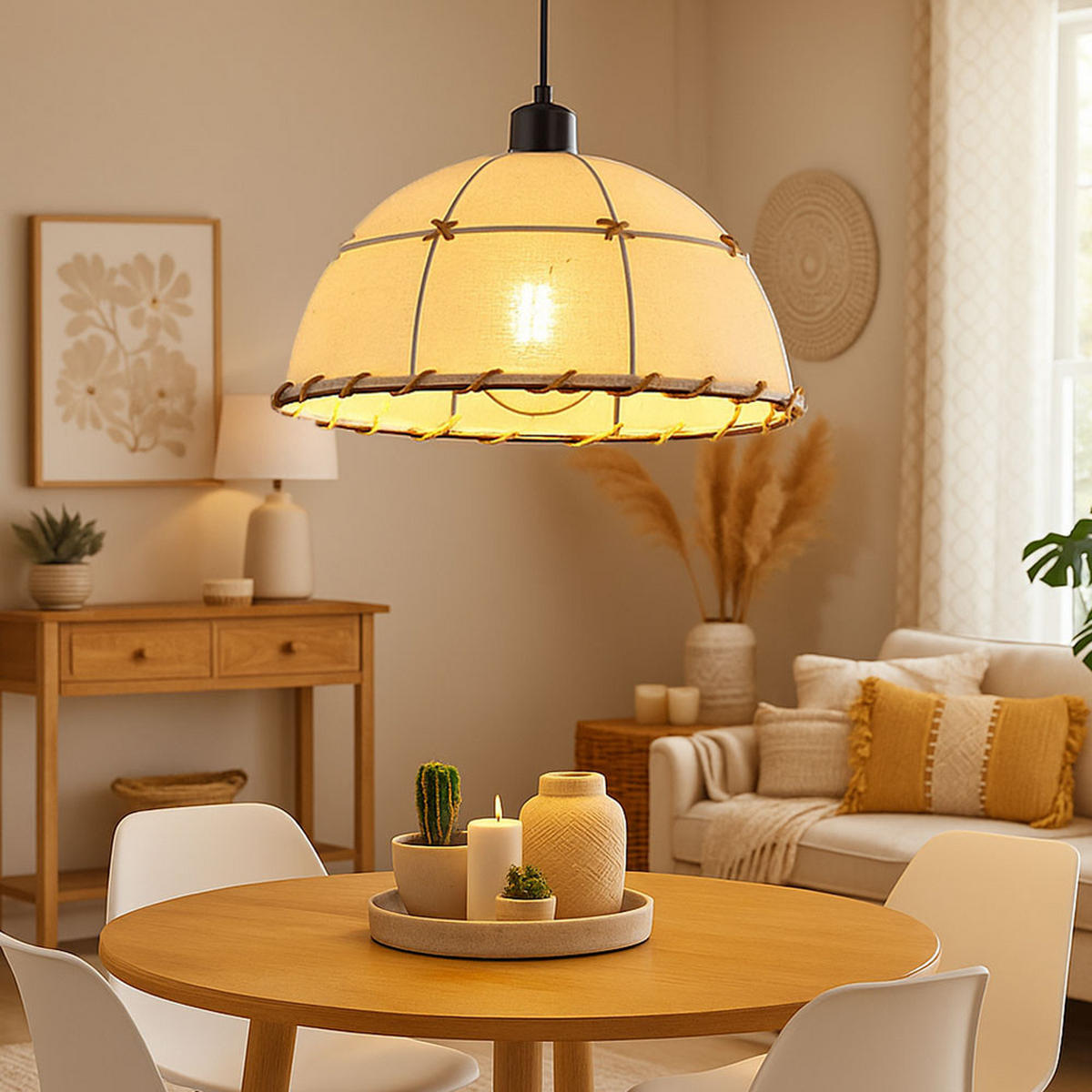 LED HÄNGELEUCHTE Hanfseil Beige Schwarz - Beige, Metall (30/30/120cm) - Globo Lighting