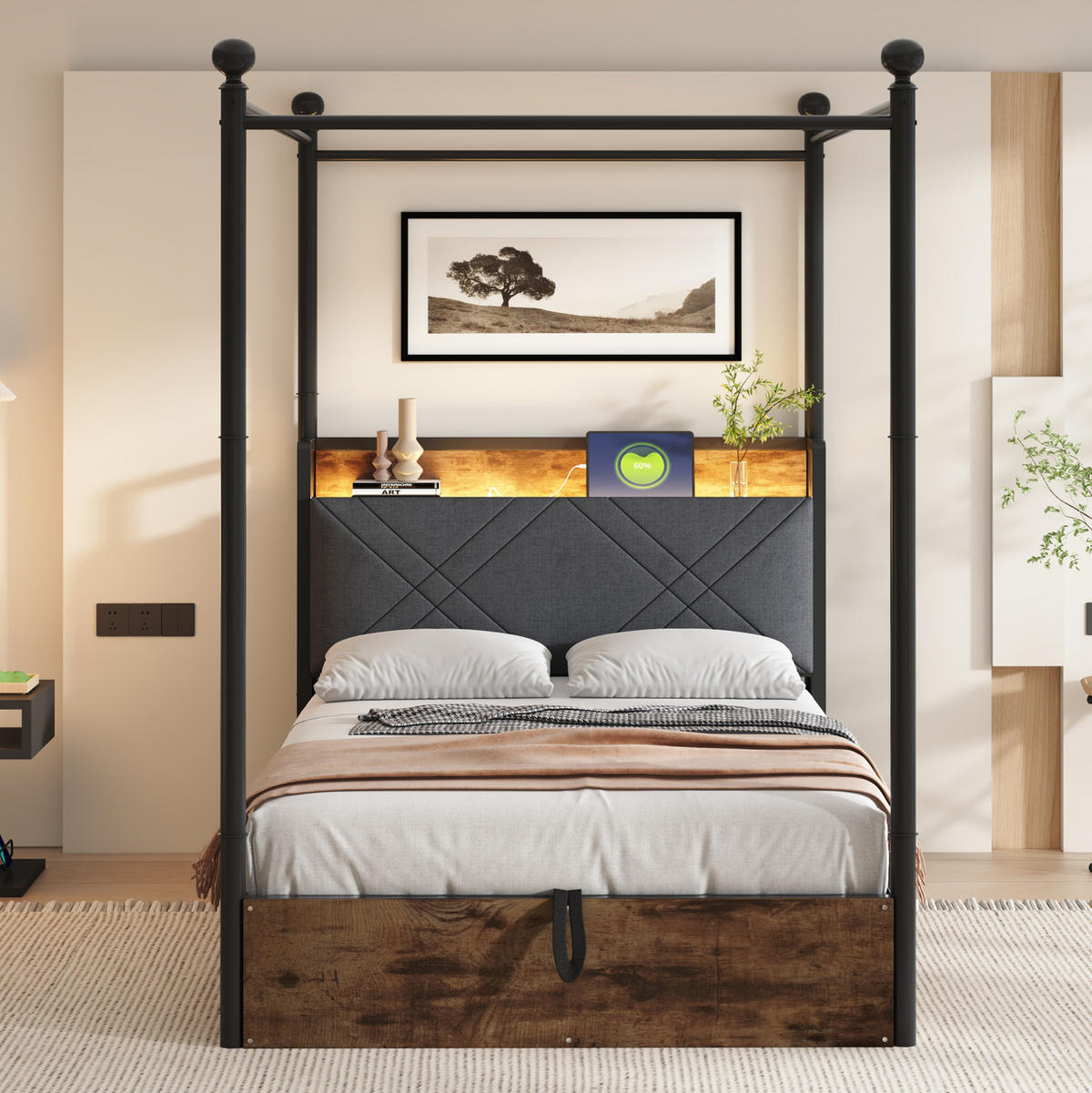 METALLBETT 90/190 cm Schwarz aus Eisen mit Stauraum und LED-Beleuchtung - Schwarz, Metall (90/190cm) - OKMYHOME