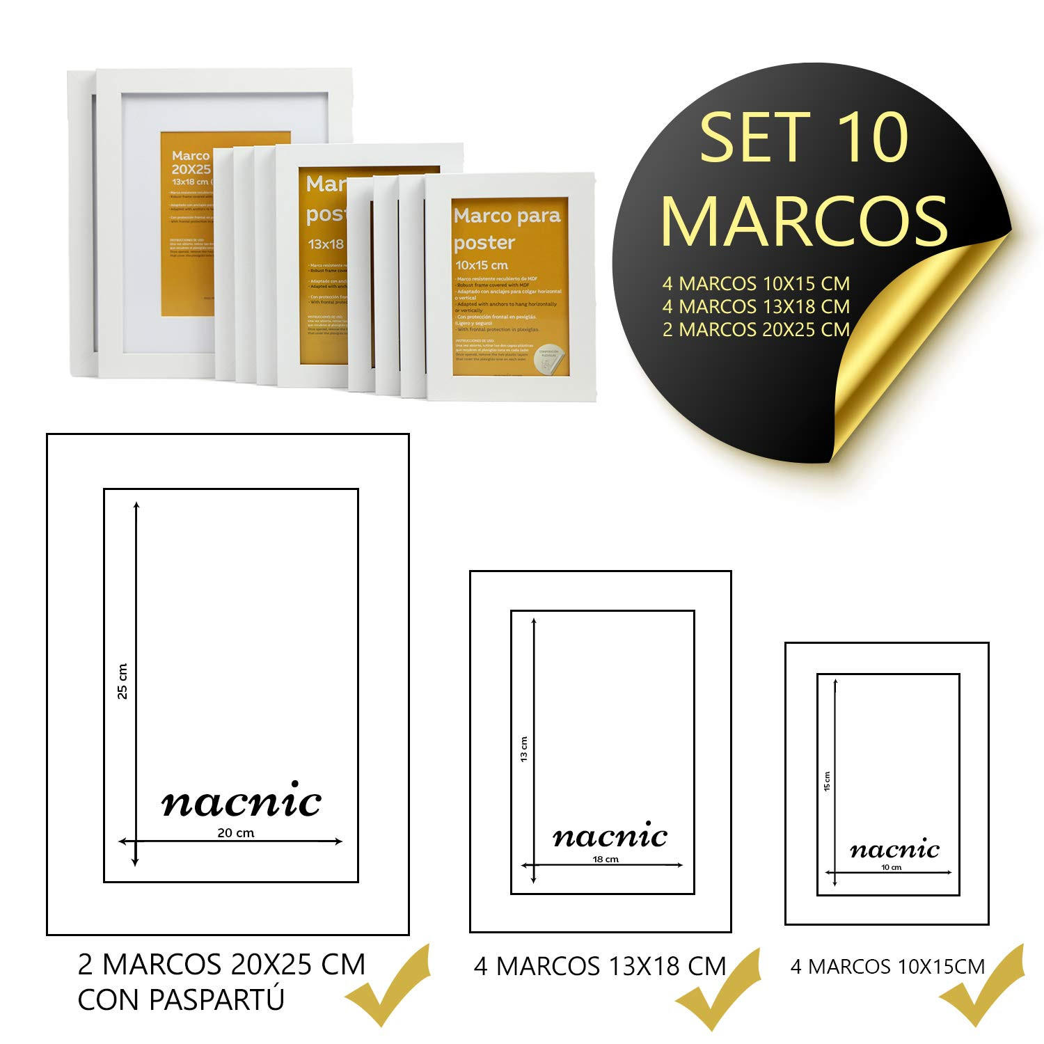 RAHMEN Set mit 10 aus MDF und Acrylglas Schutz und Aussteller für Fotografien, Bilder, Poster, Gemälde Farbe Weiß 20x25, 13x18, 10x15 cm - Weiß, Holz (20/3/25cm) - Nacnic