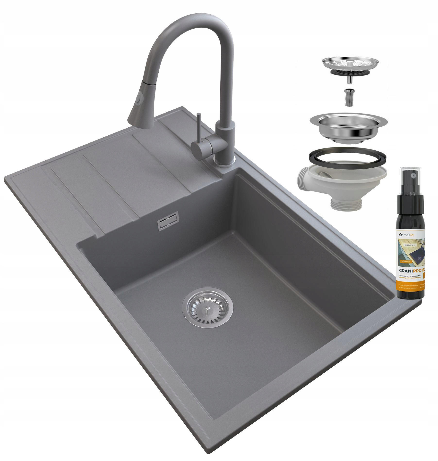 GRANITSPÜLE Louis mit Batterie Siphon - Grau, Kunststoff/Stein (80/50/20cm) - Granitan