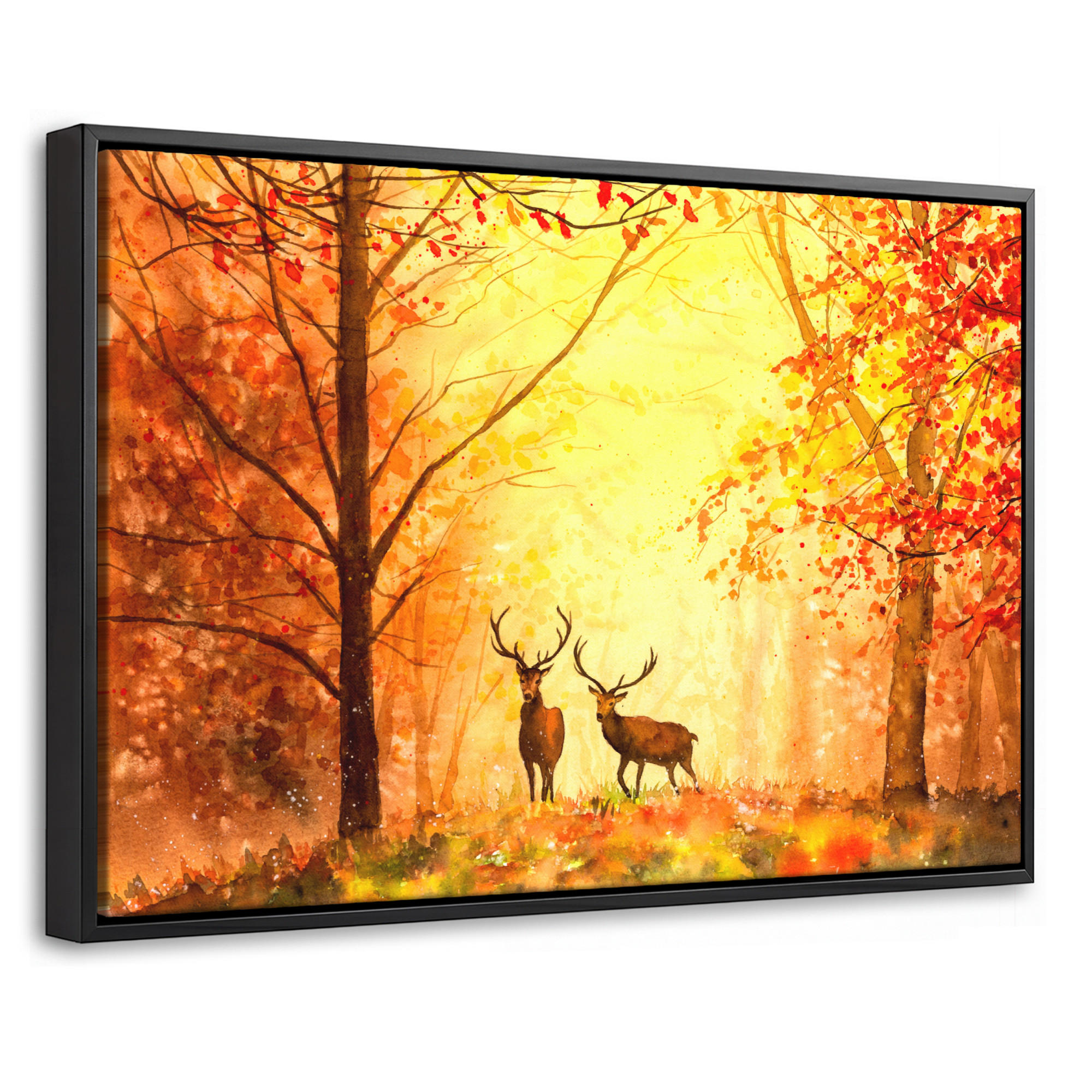 LEINWAND Bilder mit Rahmen - Natur - Ölfarbe - Hirsche - Tiere - Herbst - Orange - 30x20 - Orange, Textil (30/20cm) - MuchoWow