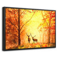 LEINWAND Bilder mit Rahmen - Natur - Ölfarbe - Hirsche - Tiere - Herbst - Orange - 60x40 - Orange, Textil (60/40cm) - MuchoWow