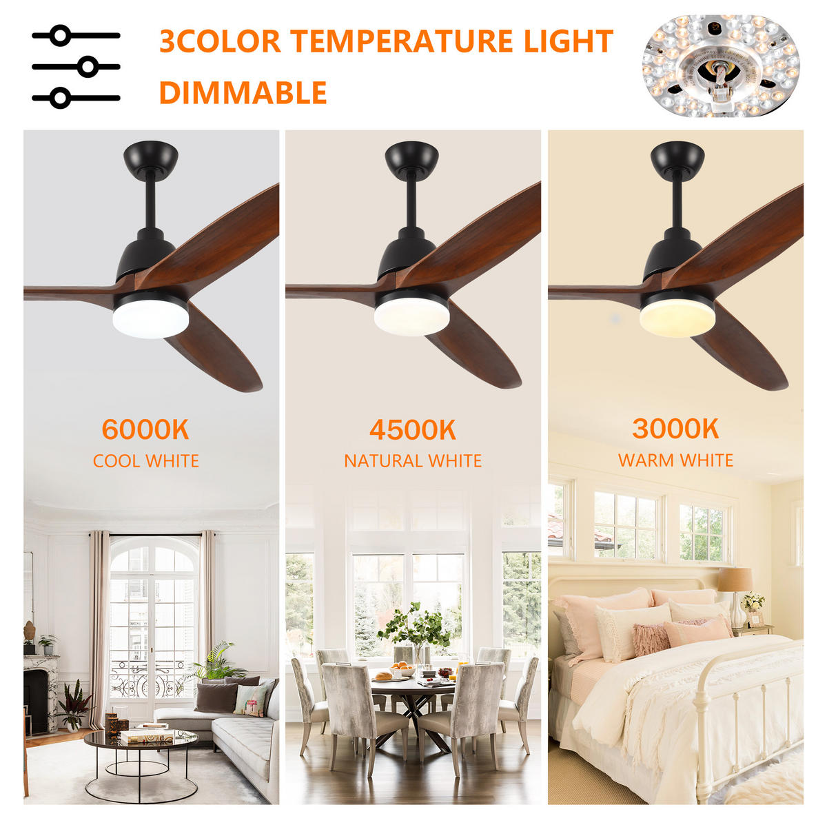 DECKENVENTILATOR DE-16236 52 Zoll mit dimmbarer LED & Steuergriff Schwarz - Walnussfarben, Holz/Metall (132/132/45cm) - ComfortXL