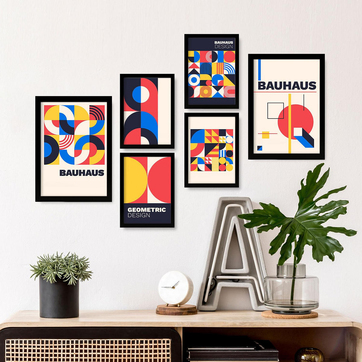 POSTER Set Mit 6 Drucken Im Bauhaus 2 Geometrische Designkollektion Drucke Mit Ästhetische Dekorative Rahmen Für Zuhause A3 & A4 Schwarzer Rahmen - Schwarz, Papier (29/3cm) - Nacnic