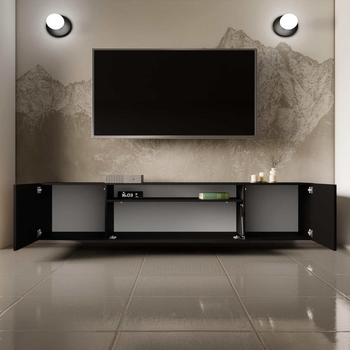 TV-SCHRANK CORA - Schwarz/Eiche Artisan, Holzwerkstoff (200/40/41cm) - Meblini