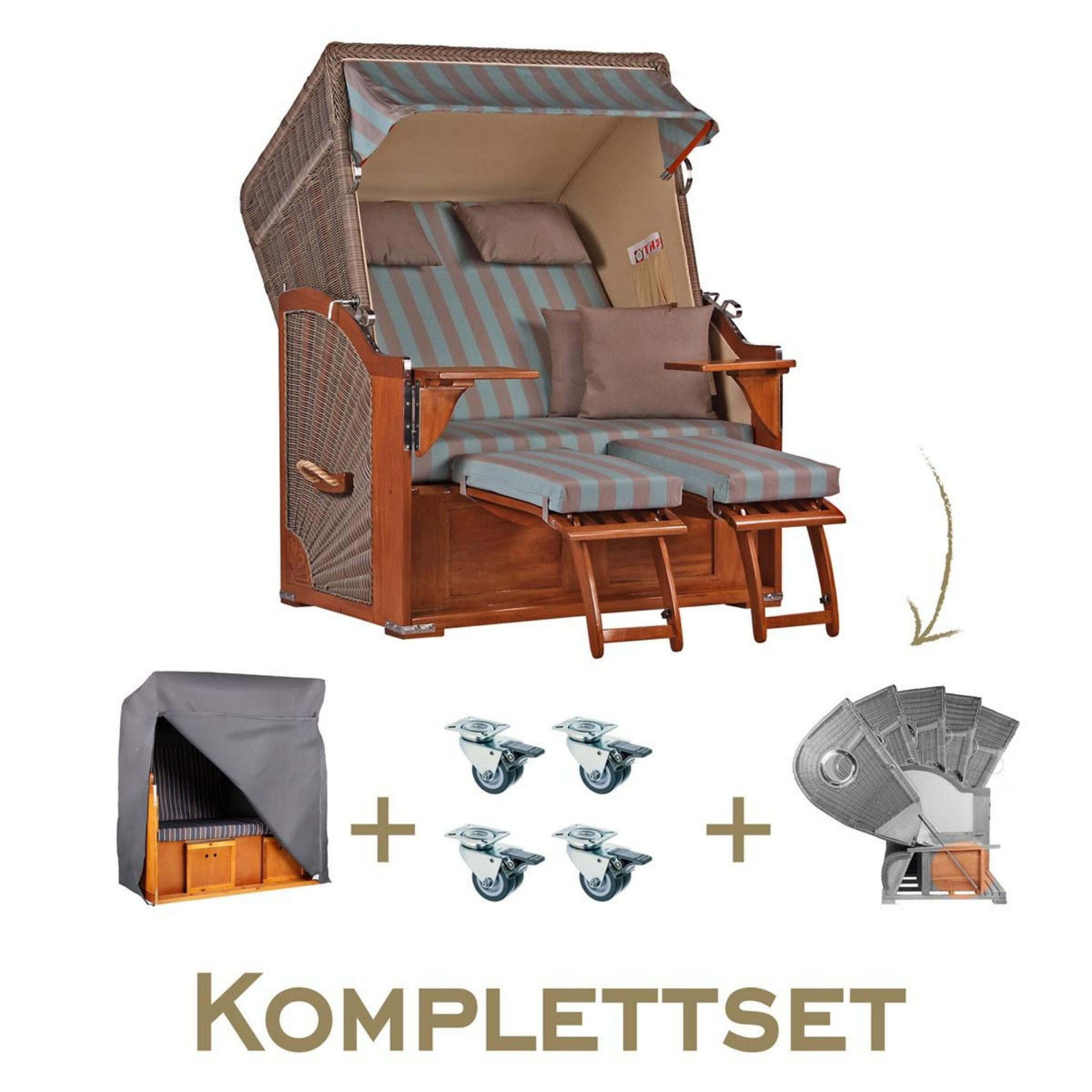 STRANDKORB Komplettset Seeblick Mahagoni PE Grey Dessin 520 - Blau/Braun, Naturmaterialien/Metall (125/170/80cm) - Mr. Deko