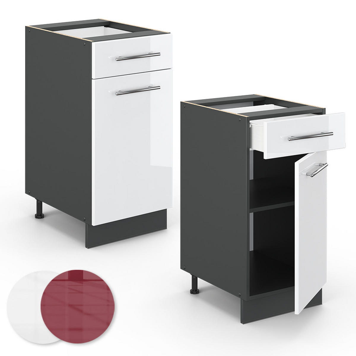 KÜCHENUNTERSCHRANK Fame-Line Weiß Hochglanz 40 cm, AP Eiche - Weiß Hochglanz/Anthrazit, Holzwerkstoff (40/82/60cm) - Vicco