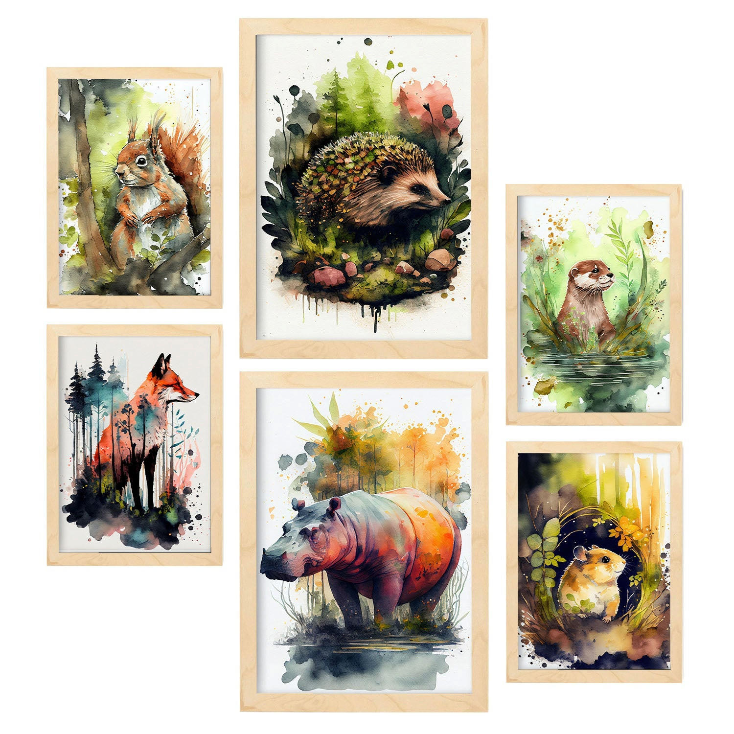 POSTER Set Mit 6 Lebewesen Illustrationen Von Tieren In Naturlandschaften, Realistischer Aquarellstil Innenarchitektur A3 & A4 Rahmen Aus Hellem Holz - Beige, Papier (29/3cm) - Nacnic