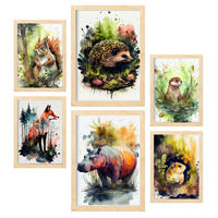 POSTER Set Mit 6 Lebewesen Illustrationen Von Tieren In Naturlandschaften, Realistischer Aquarellstil Innenarchitektur A3 & A4 Rahmen Aus Hellem Holz - Beige, Papier (29/3cm) - Nacnic