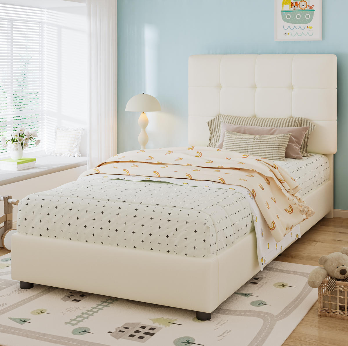 POLSTERBETT 90/200 cm Beige aus PU mit keksförmigem Kopfteil - Beige, Holzwerkstoff (90/200cm) - OKMYHOME