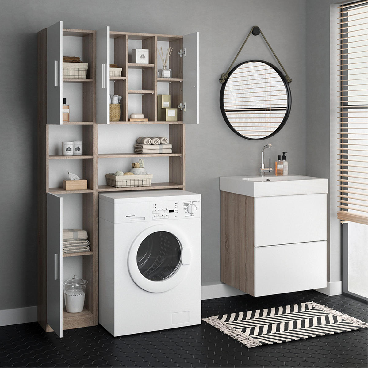 BADSCHRANK Luis Sonoma 32 x 190 cm - Weiß/Sonoma Eiche, Holzwerkstoff (32/190/25.8cm) - Vicco