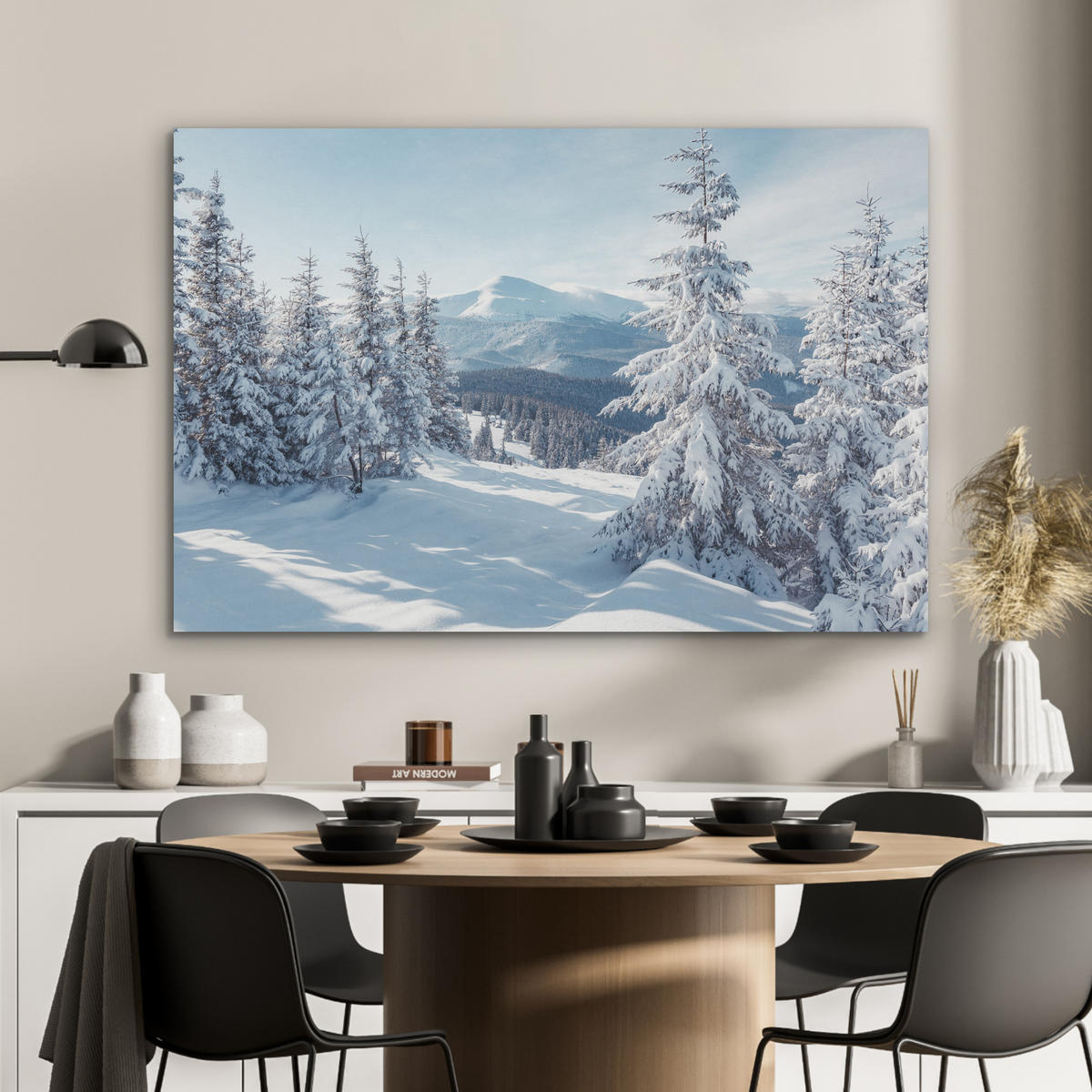 AKUSTIKBILD Winterlandschaft - Natur - Berge - Bäume - Schnee Akustikpaneele 90x60 cm - Hellblau, Kunststoff (90/60/0.9cm) - MuchoWow