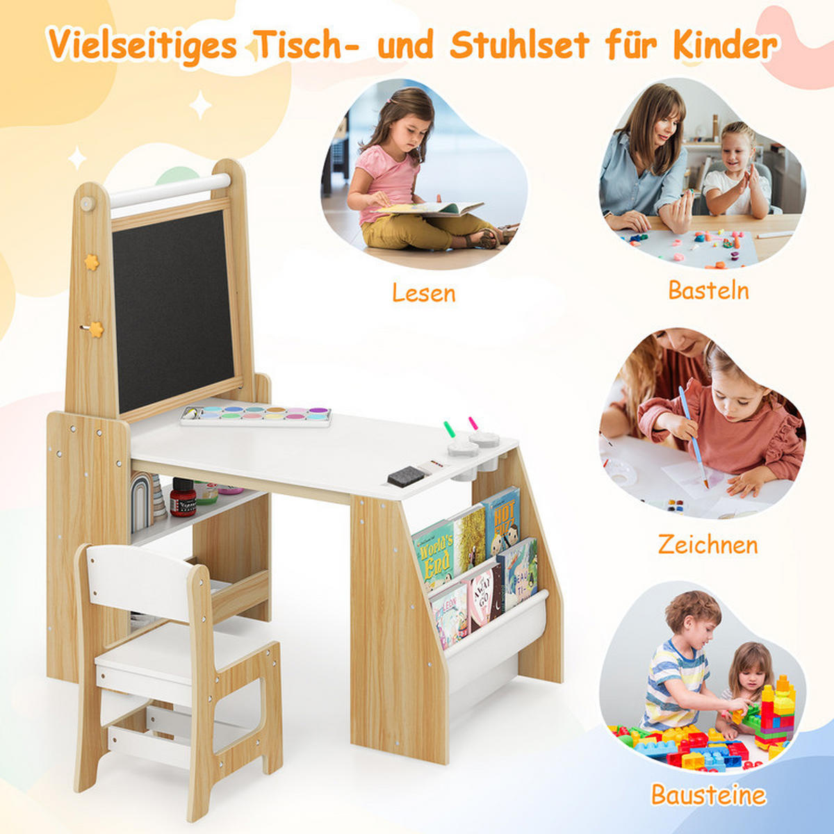 KINDERTISCHSET aus Holz natur(2-tlg) - Naturfarben, Holzwerkstoff (101/112/59cm) - COSTWAY