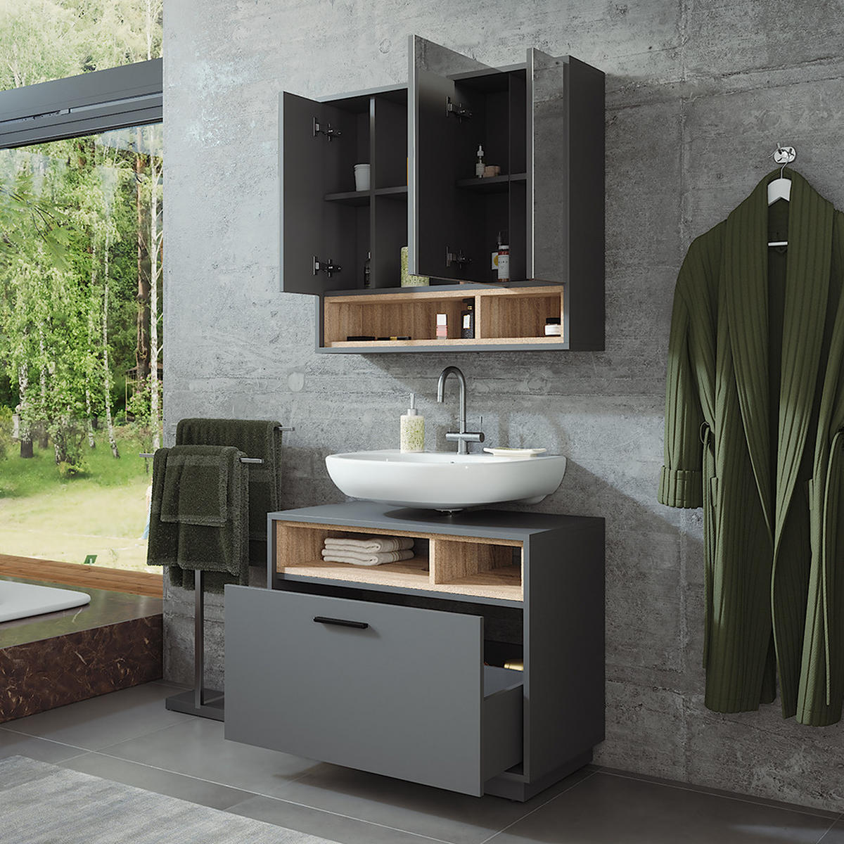 SADA KOUPELNOVÉHO NÁBYTKU Beatrice Anthracite/Sonoma - Sonoma dub/antracitová, kompozitní dřevo (80/64/35cm) - Vicco