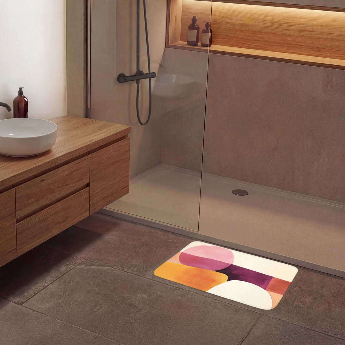 KOUPELNOVÁ PŘEDLOŽKA Tvary - abstraktní - barevné 60x40 cm - terakotová, textil/plast (60/40cm) - OnlyWow