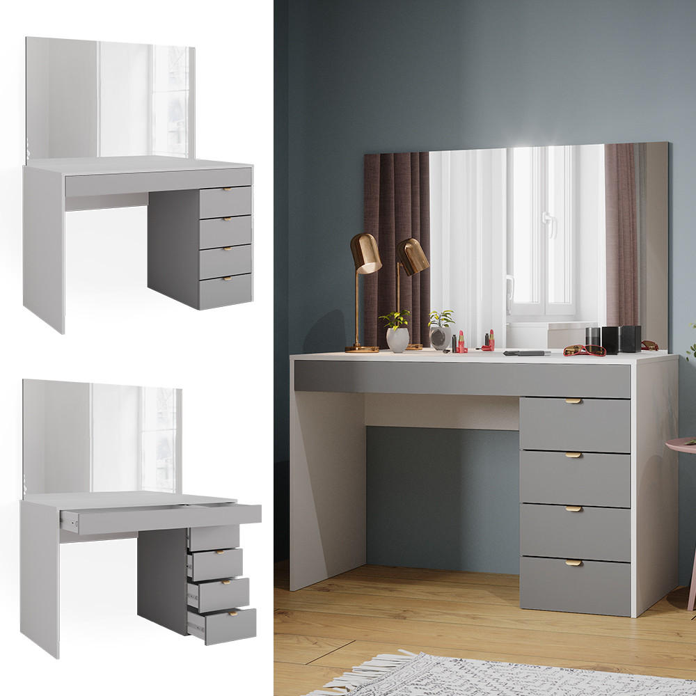 SCHMINKTISCH Elise Weiß/Grau/Grau 115 cm mit Spiegel - Weiß/Grau, Holzwerkstoff (115/76/55cm) - Vicco
