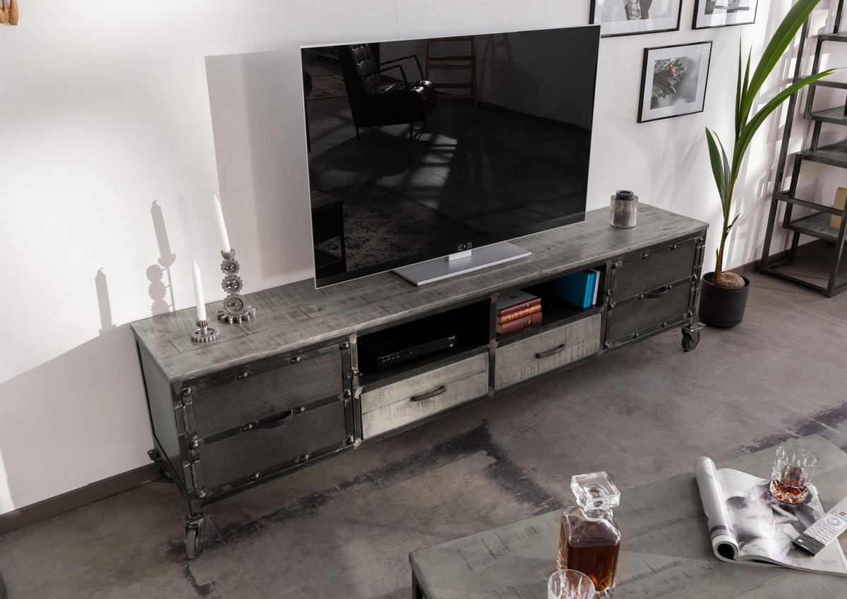 TV-BOARD Mango 220x40x60 grau lackiert HEAVY INDUSTRY #132 - Grau, Holz (40/60/220cm) - Massivmoebel24