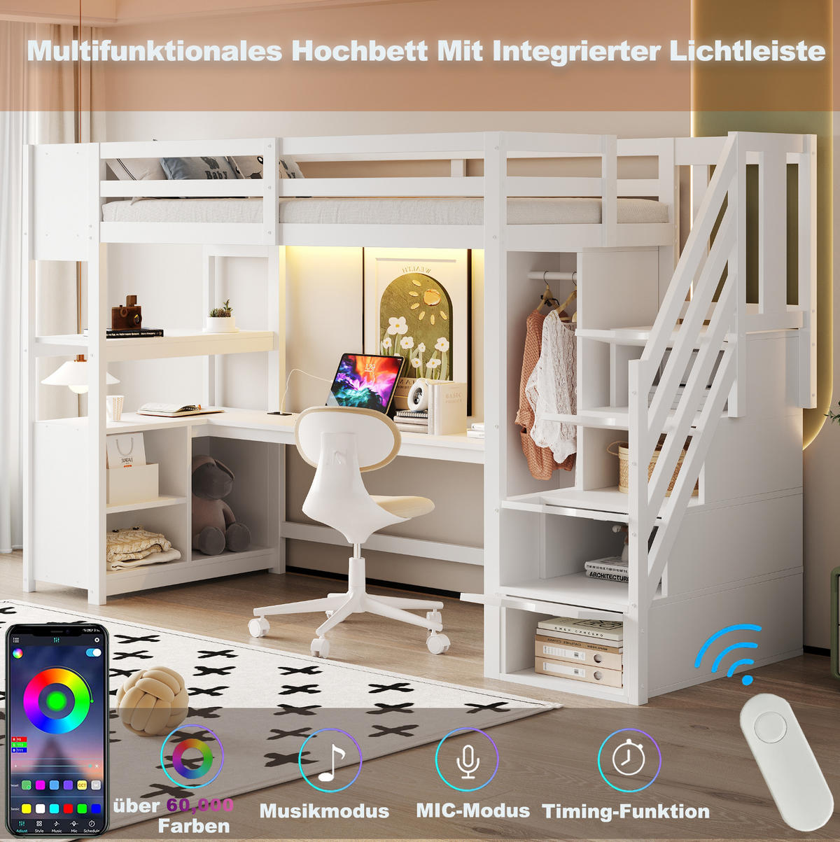 HOCHBETT 90/200 cm weiß aus Massivholz und MDF mit Schreibtisch - Weiß, Holzwerkstoff (90/200cm) - OKWISH