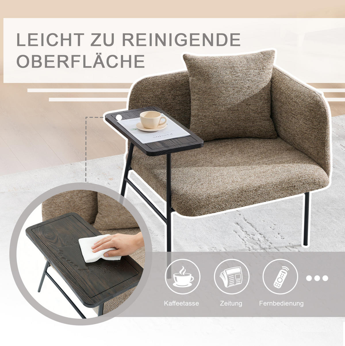 SESSEL 86/72/71 cm khaki aus Chenille mit Beistelltisch und Seitentaschen - Sandfarben, Textil (72/71/86cm) - OKWISH