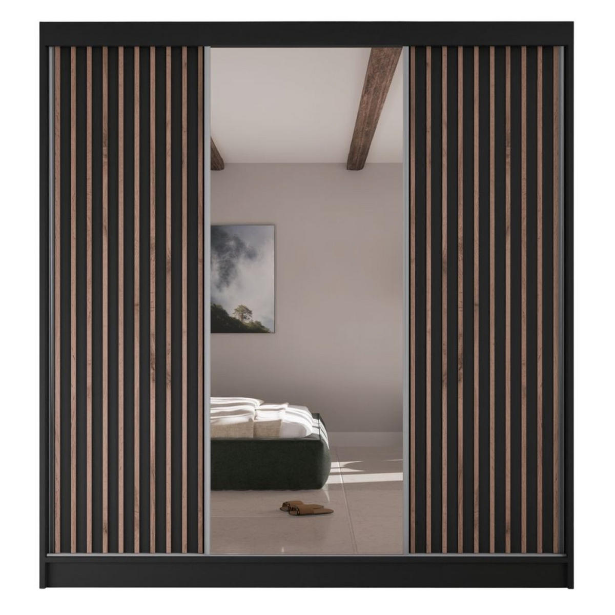 SCHWEBETÜRENSCHRANK Lami mit Spiegel und Lamellen, 215x200x61cm, Schwarz - Schwarz, Holzwerkstoff (200/215/61cm) - AN-Moebel 4u