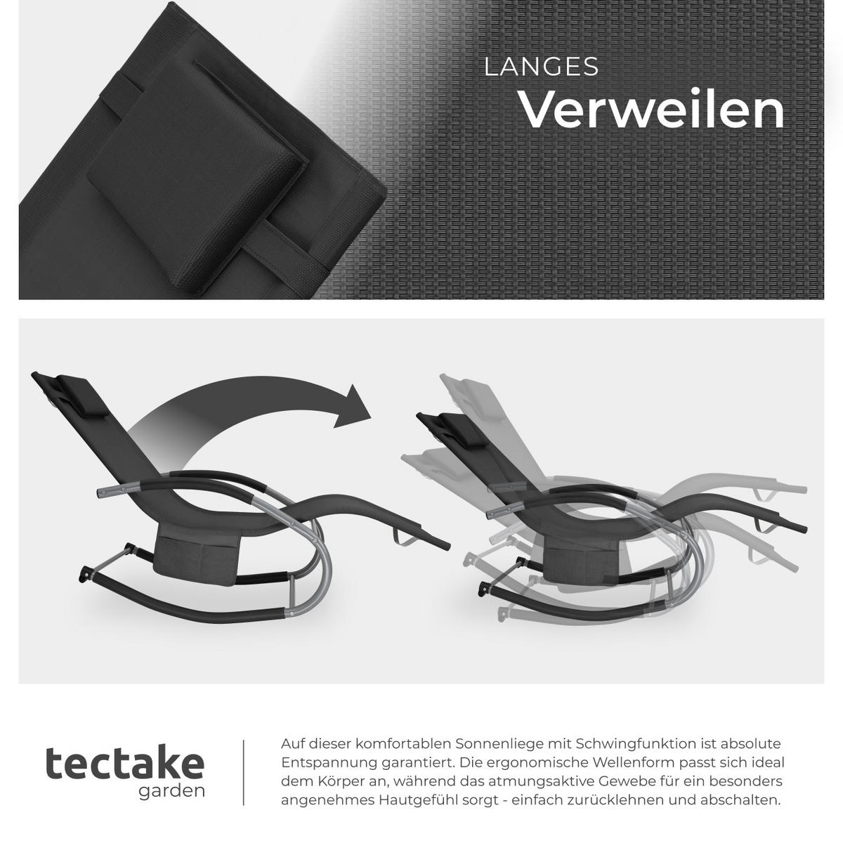 GARTENLIEGE Taya,abnehmbares Kopfpolster, seitliche Aufbewahrungstasche,schwarz - Schwarz, Kunststoff (62/92/142cm) - tectake