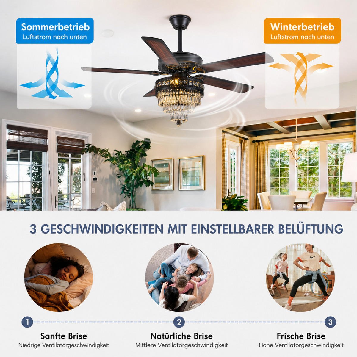 DECKENVENTILATOR Schwarz 132 cm mit Kristallleuchte und Fernbedienung - Schwarz, Metall (132.1/132.1/59.9cm) - Surtime