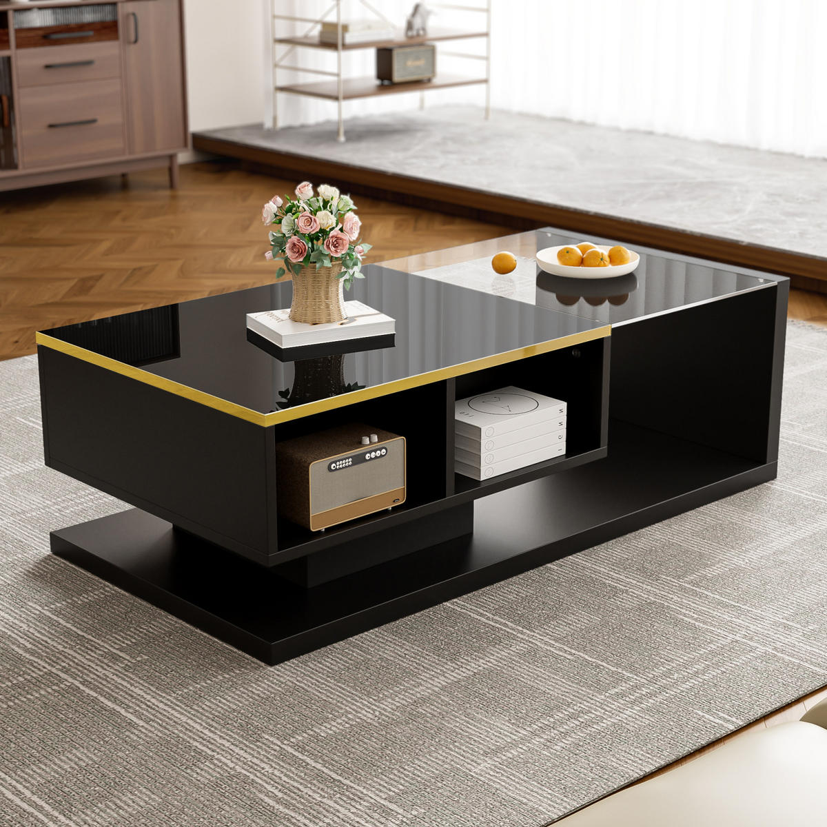 COUCHTISCH Schwarz mit verstellbarer LED und Glasplatte - Schwarz, Metall (100/50/32cm)