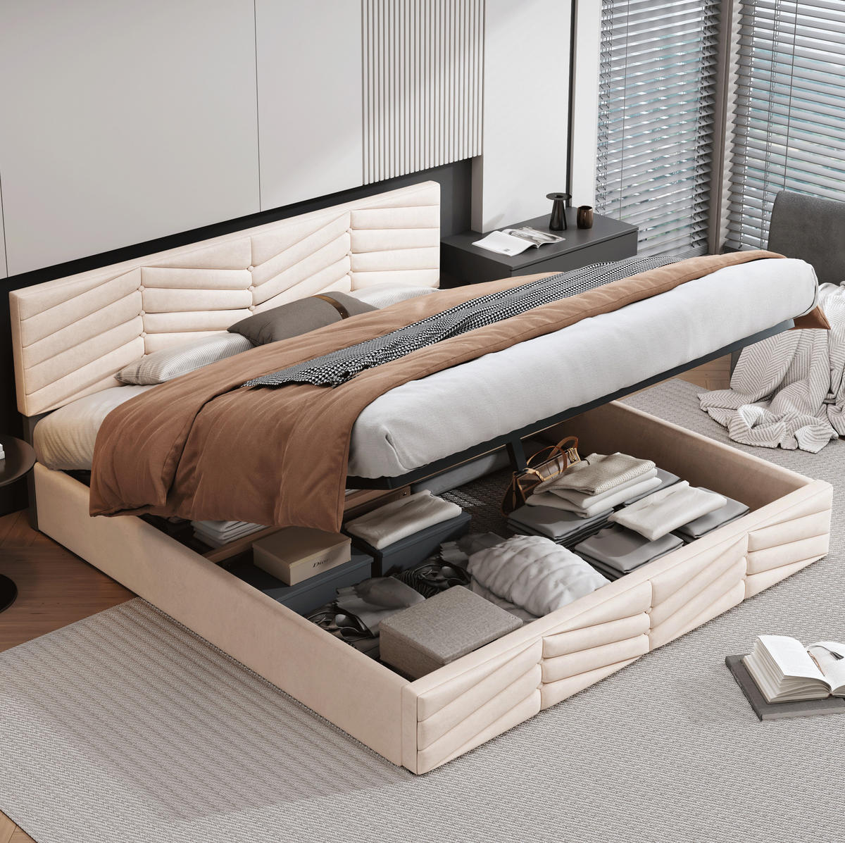 POLSTERBETT 160/200 cm Beige aus Samt mit Bettkasten - Beige, Textil (160/200cm) - OKMYHOME
