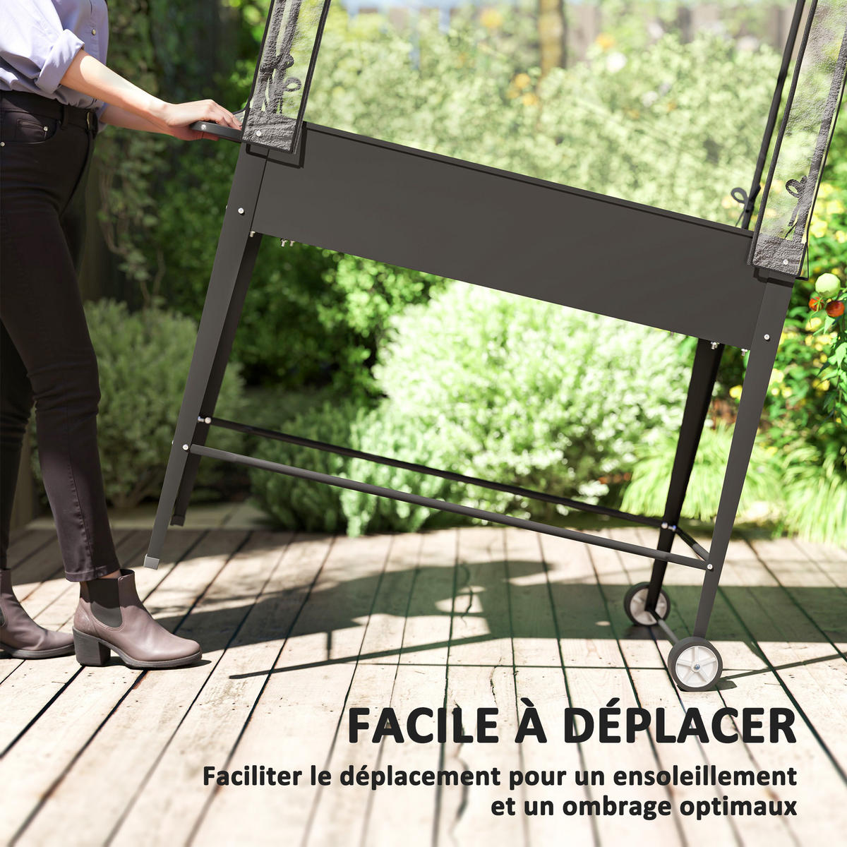 HOCHBEET DE-16020 mit PVC-Abdeckung & Rollen Schwarz - Schwarz, Metall (100/152/45cm) - ComfortXL