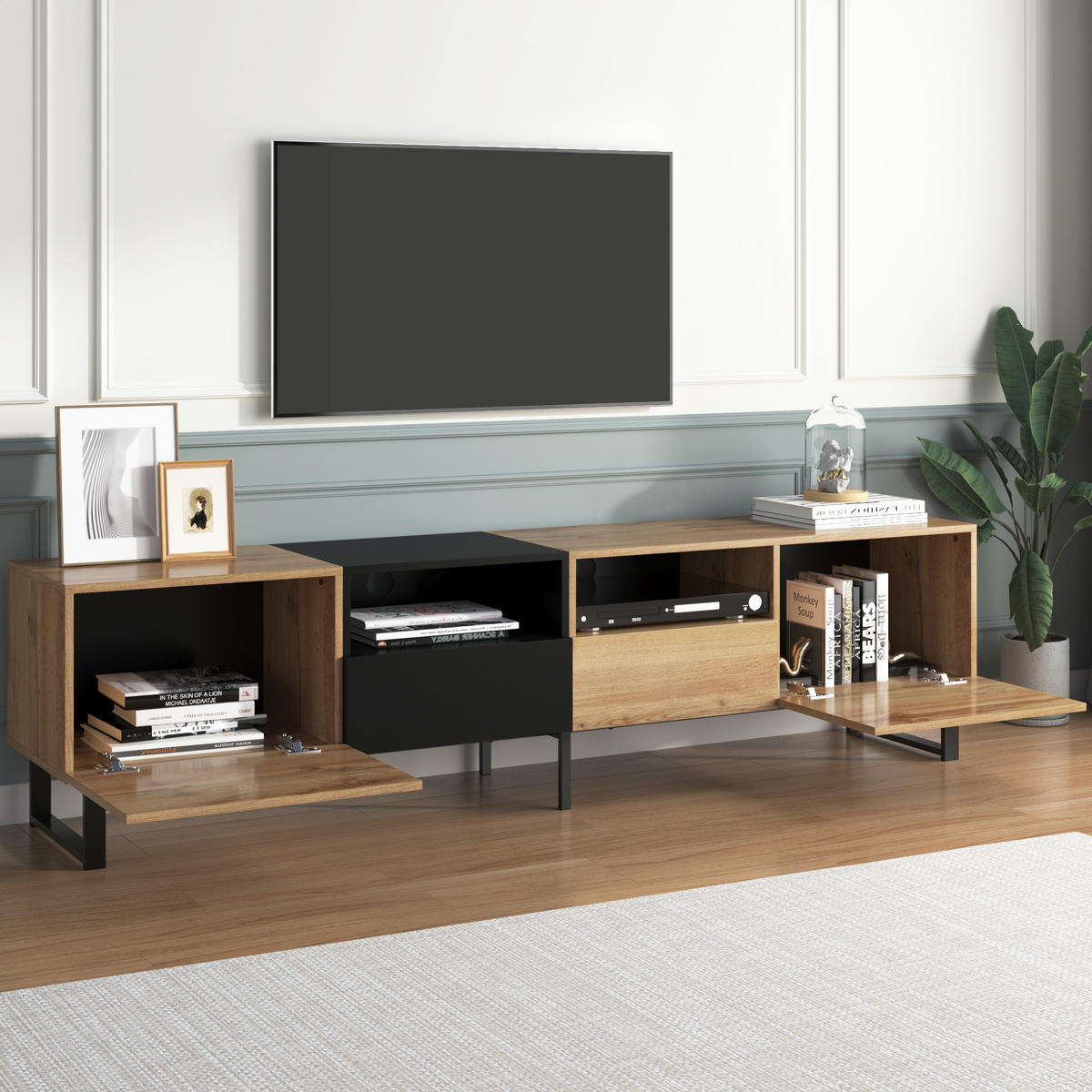 TV-STÄNDER 190/38/48 cm schwarz Holz MDF mit 2 Türen und 2 Schubladen - Naturfarben, Holzwerkstoff (190/48/38cm) - OKWISH