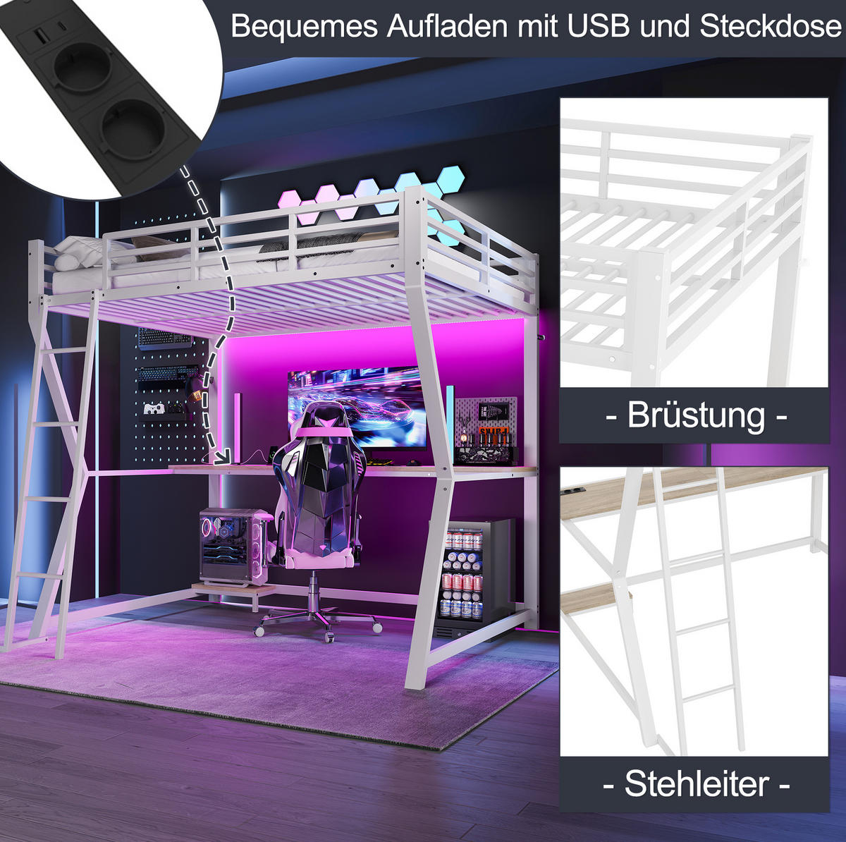 HOCHBETT 140/200 cm in Weiß mit LED-Beleuchtung, Schreibtisch und USB-Anschluss - Weiß, Metall (140/200cm) - Flora Grace