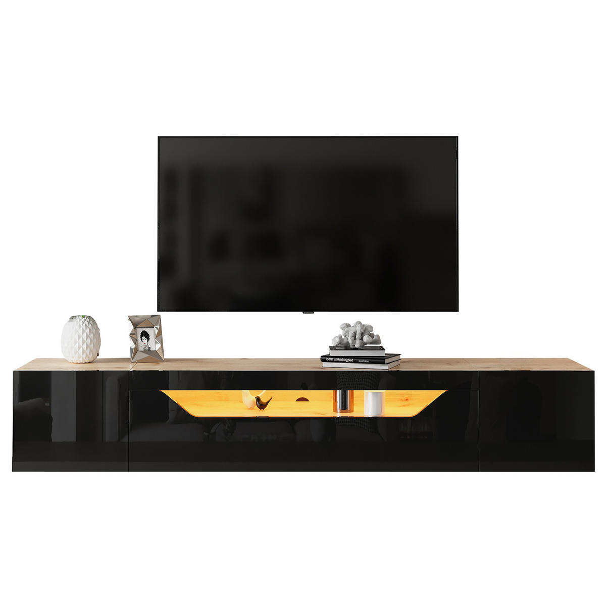 WANDLOWBOARD 180/37/36 cm mit LED-Beleuchtung und 3 Staufächern - Schwarz, Holzwerkstoff (180/36/37cm) - BEAOK