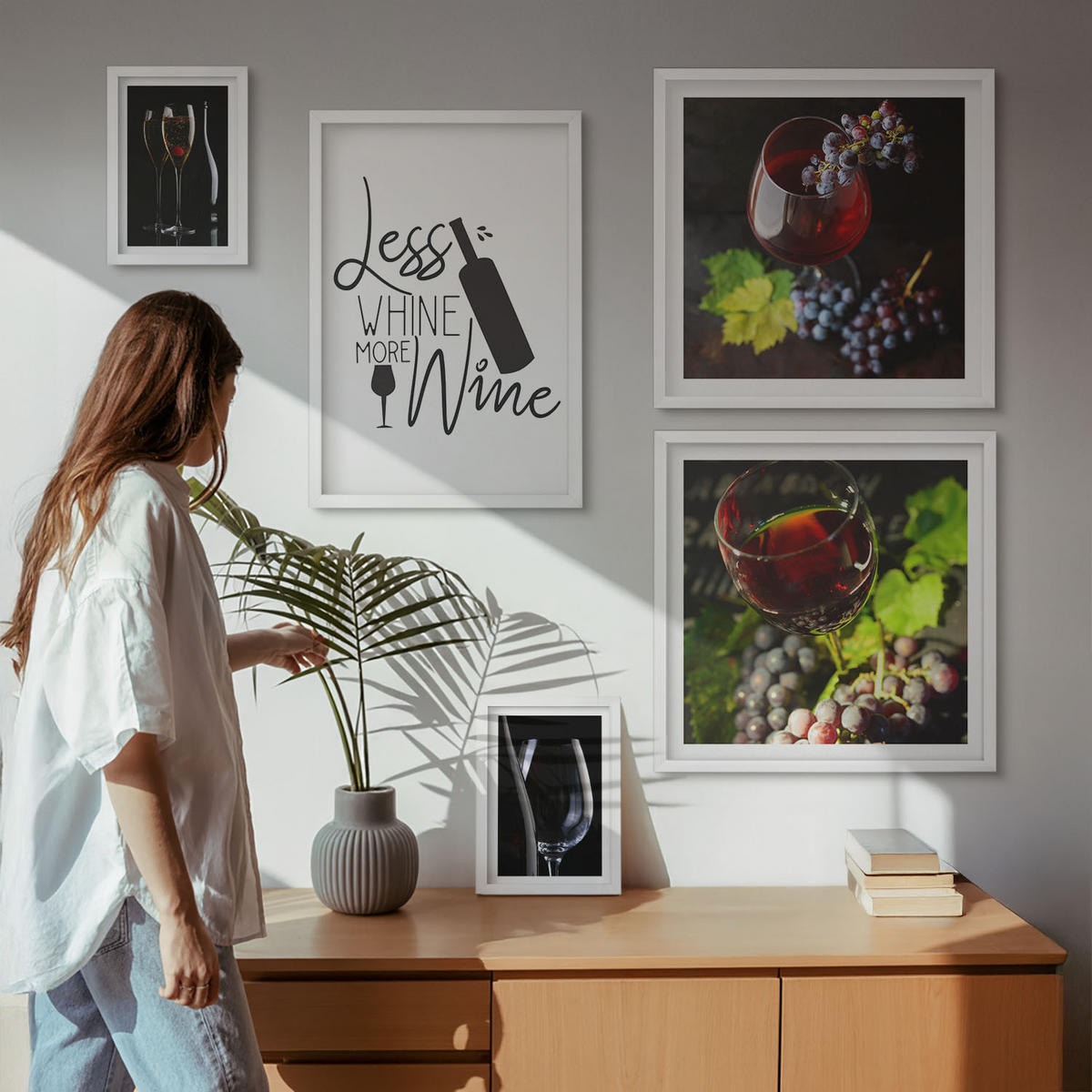WANDBILDER 5er-Set - 50x50 cm & 20x30 cm & 40x60 cm Weißer Rahmen - Weingläser mit Trauben und Inschrift - Weiß, Kunststoff (40/60cm) - ArtPrintCave