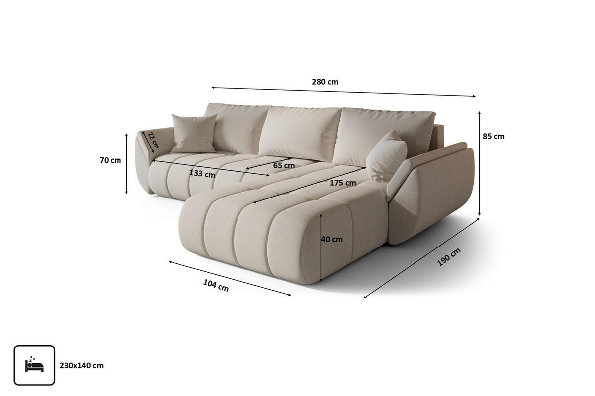 ECKSOFA TOKYO PREMIUM mit Schlaffunktion, Stoff WIND, Beige, Rechts - Beige, Holz (280/190cm) - Kaiser Möbel
