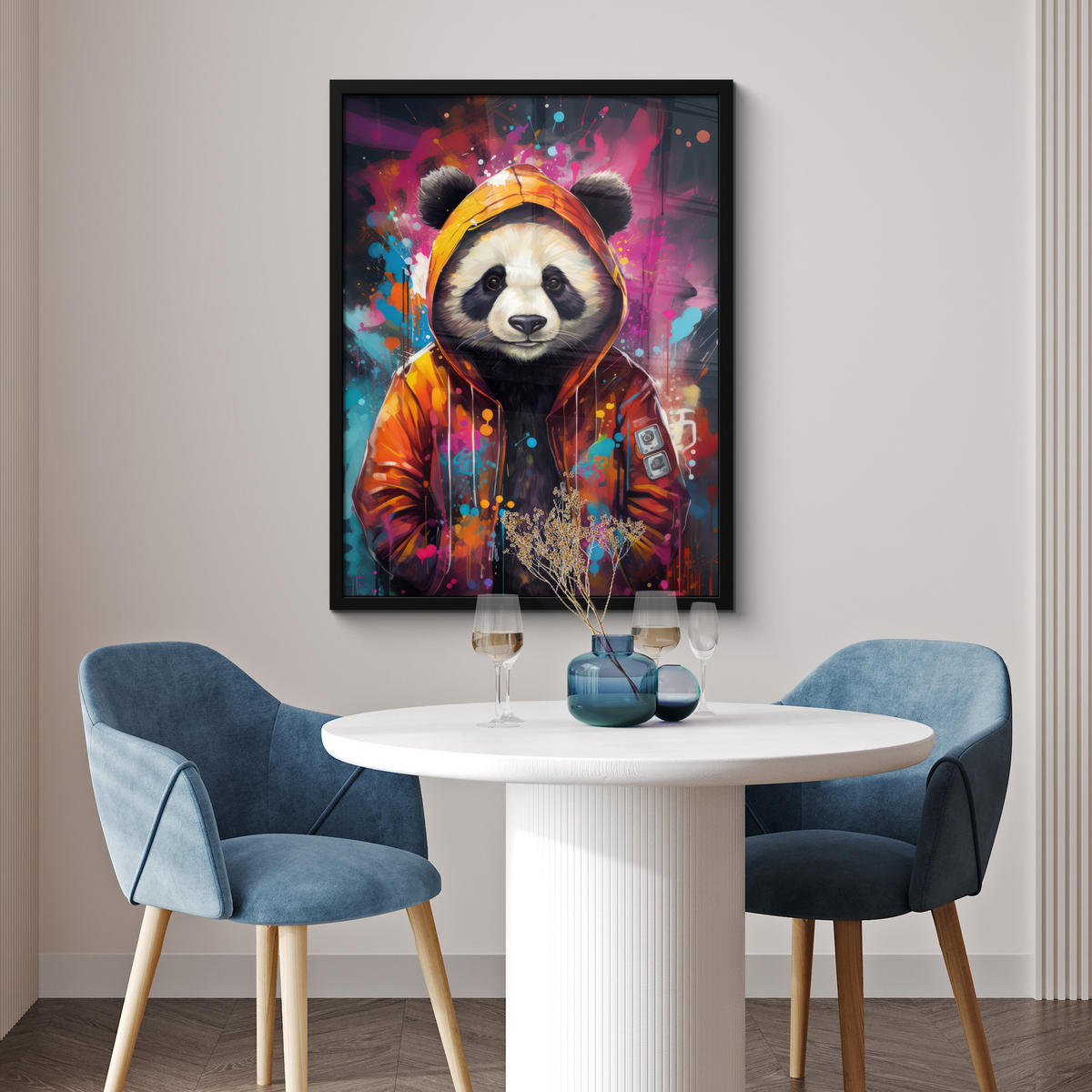 GERAHMTES BILD Panda - Jacke - Graffiti - Orange 60x80 cm - Orange, Papier (60/80cm) - MuchoWow