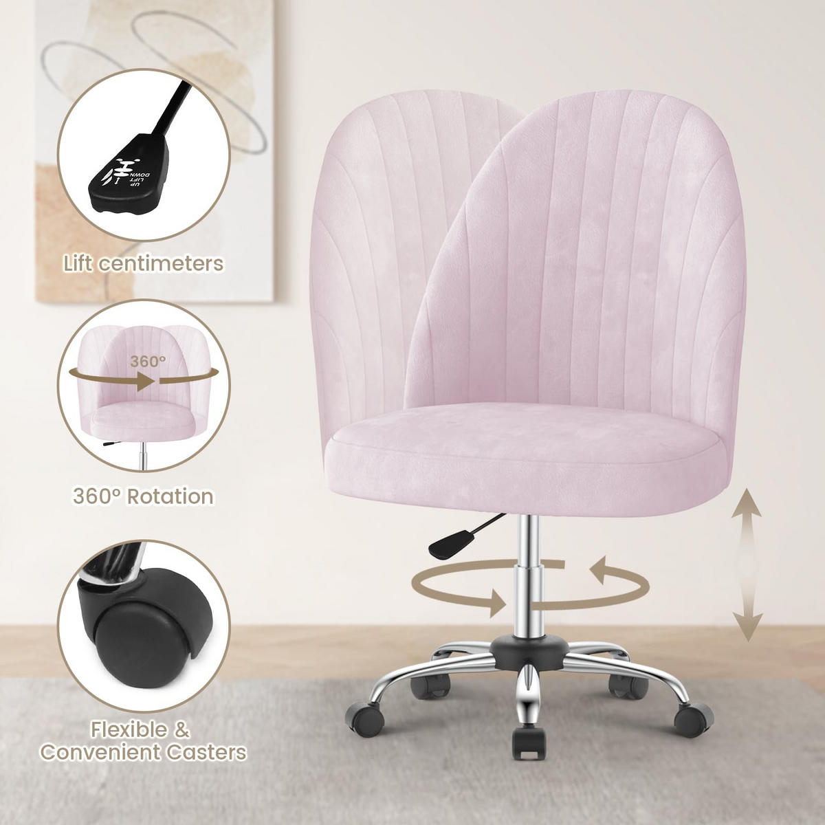 DREHSTUHL Rosa Samt ergonomisch drehbar - Pink, Metall (30/44.5/48.5cm) - Rattrix