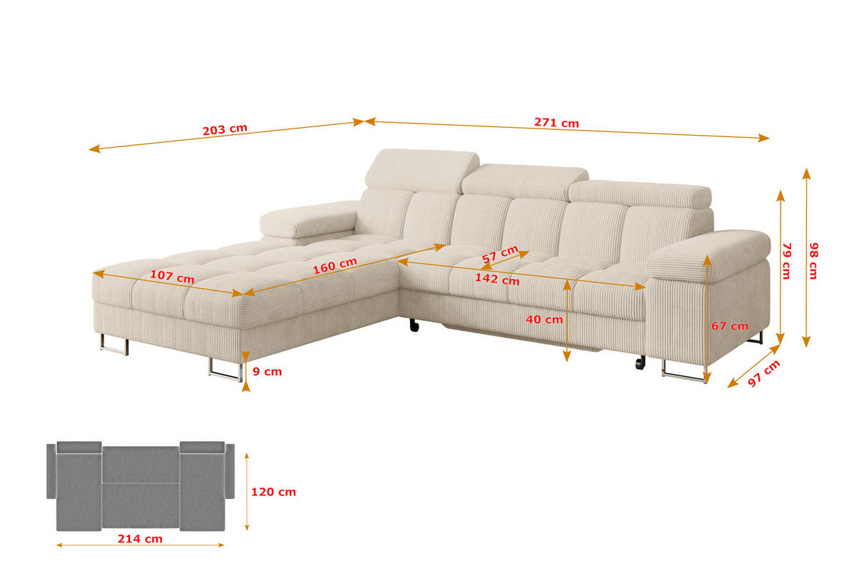 ECKSOFA mit Schlaffunktion Ottomane Links COMA L 271x203x79 Beige Cord - Beige, Holzwerkstoff/Textil (271/203cm) - ALTDECOR