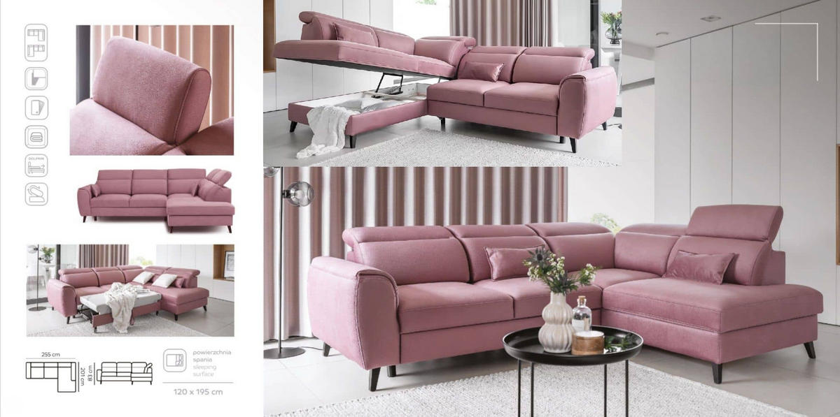 ECKSOFA mit Schlaffunktion & Bettkasten - Schwarz/Rosa, Holz/Textil (255/201cm) - Eltap