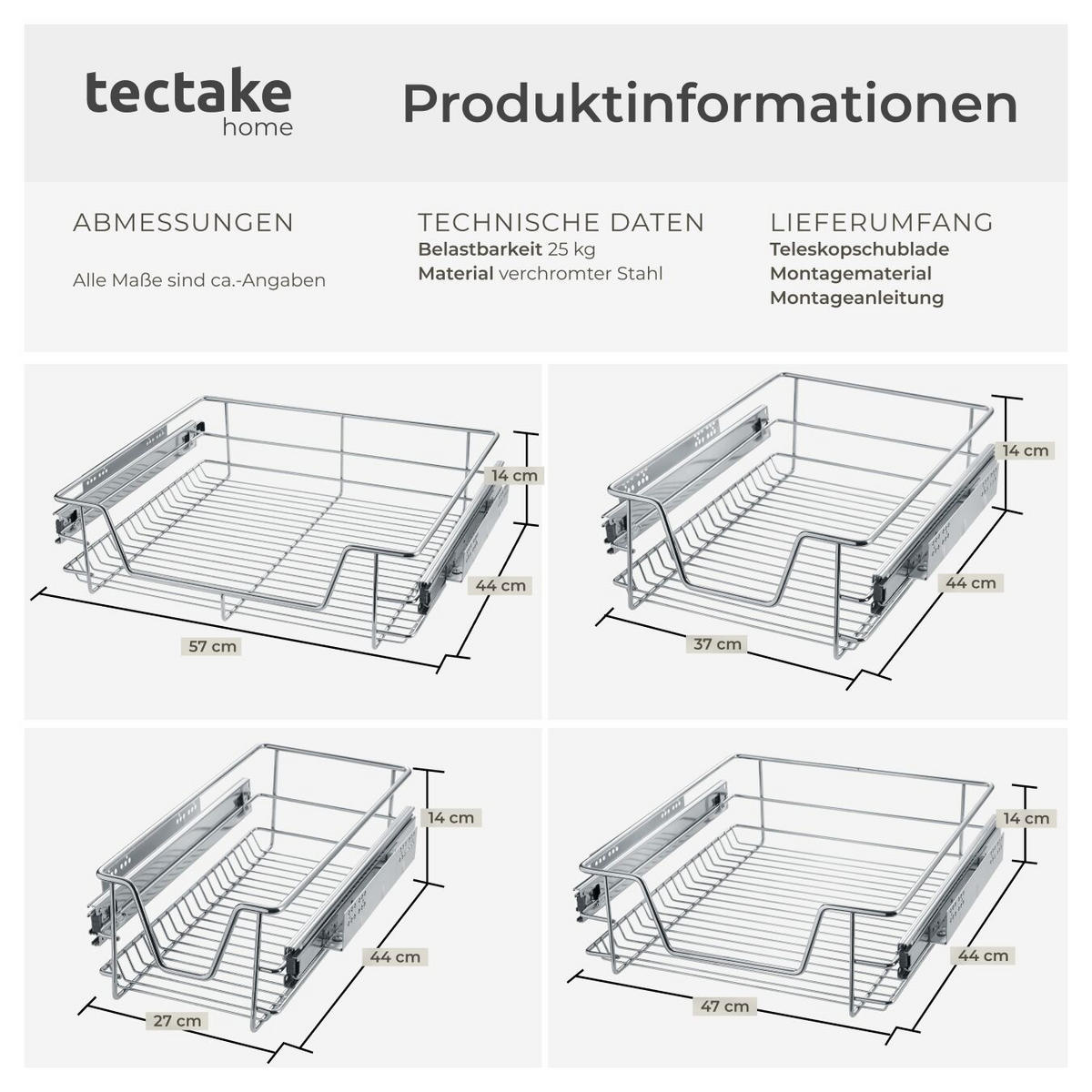 TELESKOPSCHUBLADE ,einfache Montage,grau - Grau, Metall (27/14/44cm) - tectake