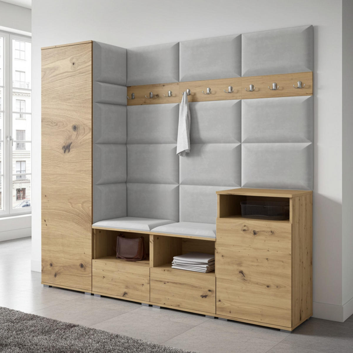 GARDEROBE NELA X 200 cm (Modulare Flurmöbel Artisan Eiche mit Sitzpolster Hellgrau 32 Schrank + Sideboard) - Silberfarben/Hellgrau, Holz/Holzwerkstoff (200/187/40cm) - Ravio
