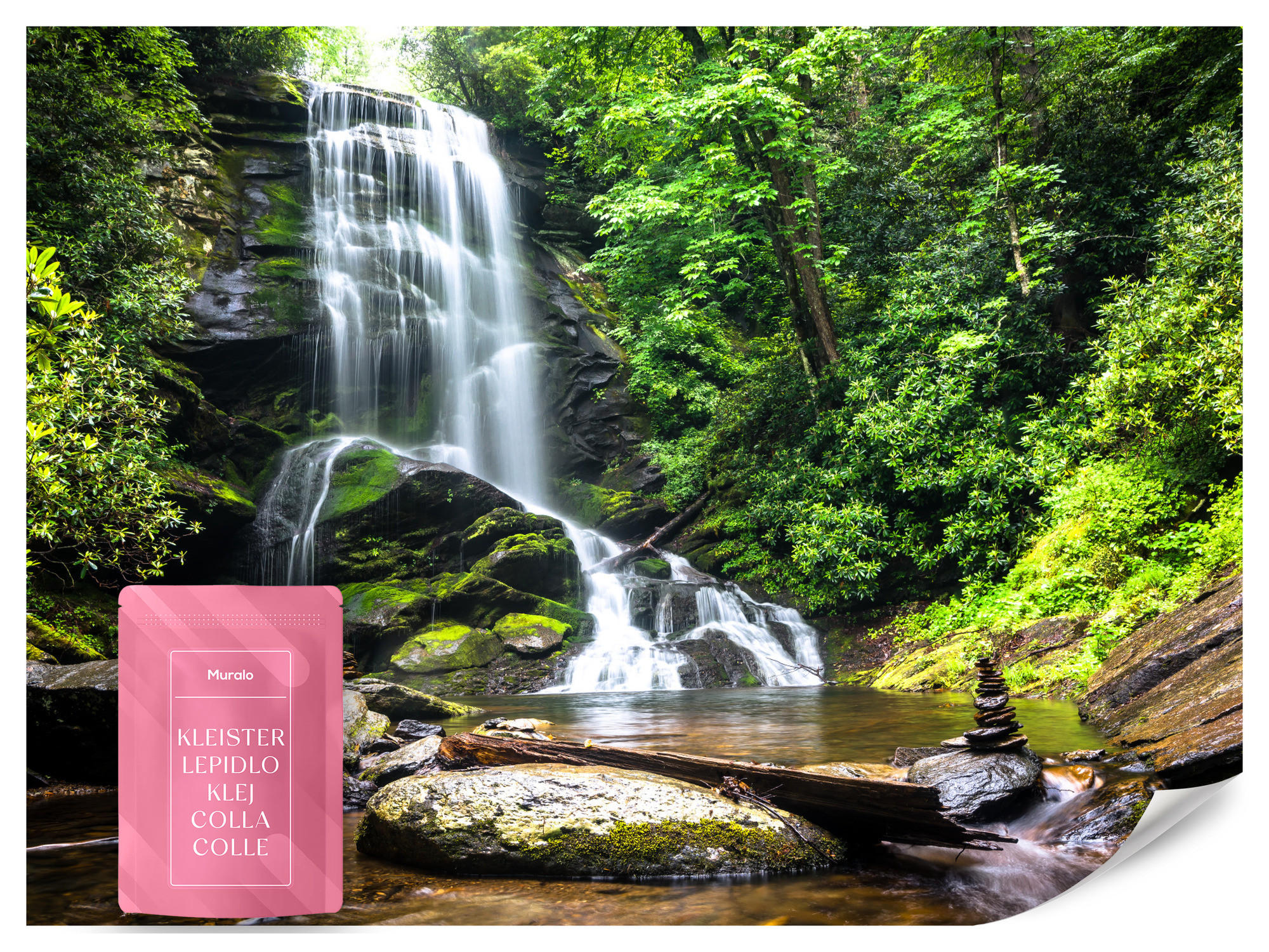 FOTOTAPETE Wasserfall im Dschungel Bäume Felsen 3D 500x350 - Braun/Weiß, Papier (500/350cm) - Muralo